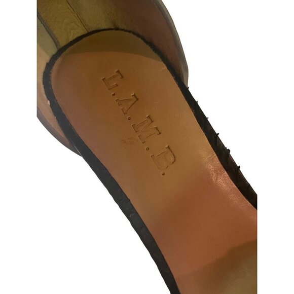 L.A.M.B. Taupe Black Leather Ankle Strap Heels Shoes 6 M - Picture 6 of 7